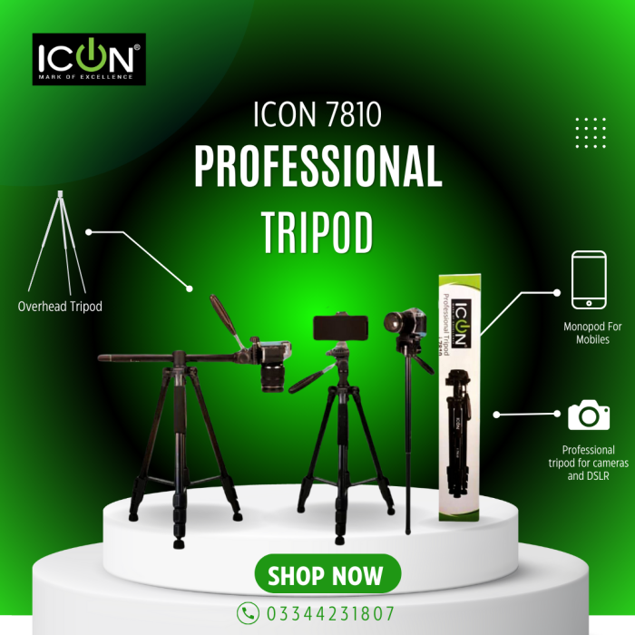 ICON 78100 Professional Overhead Tripod Plus Monopod For Mobiles, Mirrorless Cameras, DSLR